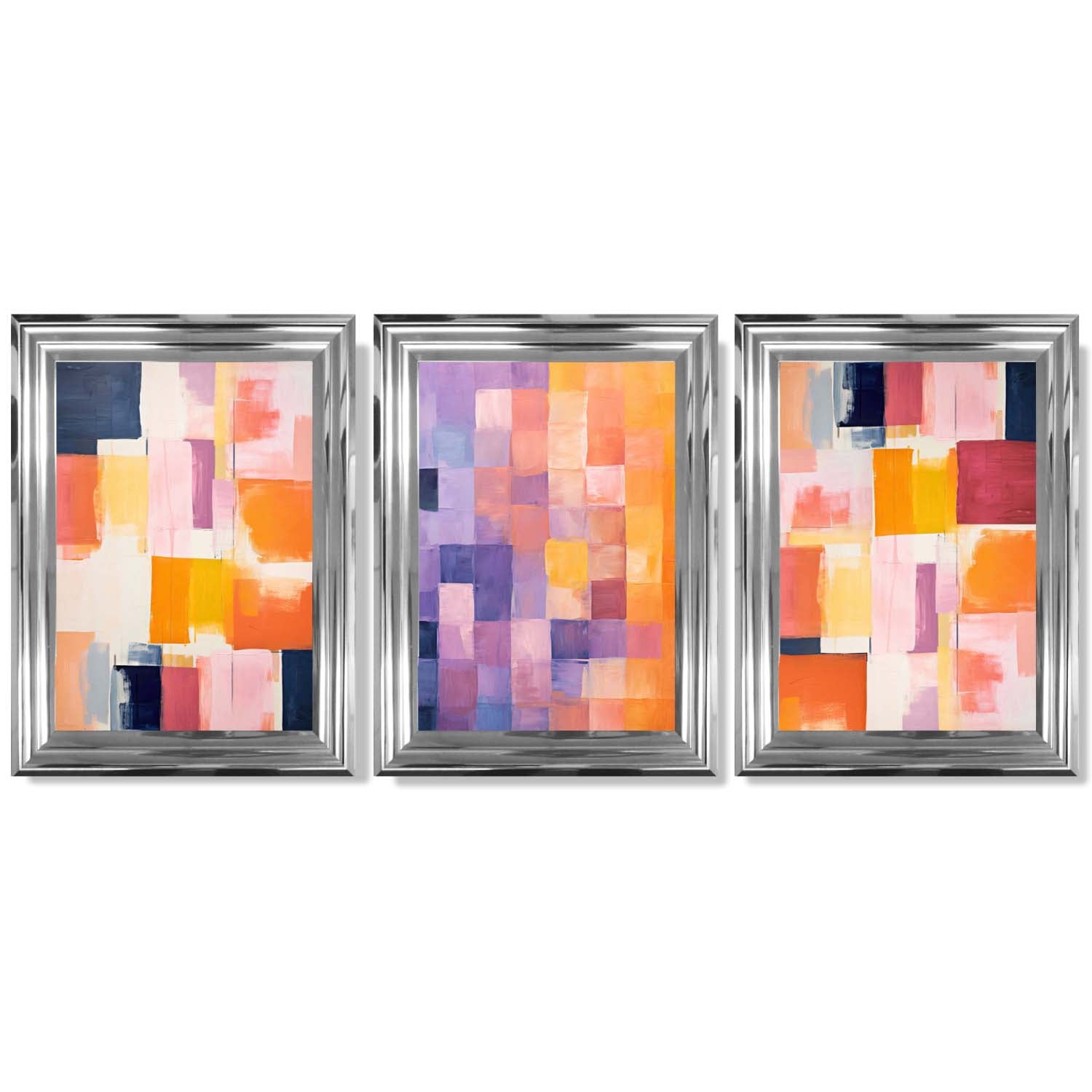 Set of 3 Purple and Pink Abstract Framed Art Prints with Glossy Chrome Frames