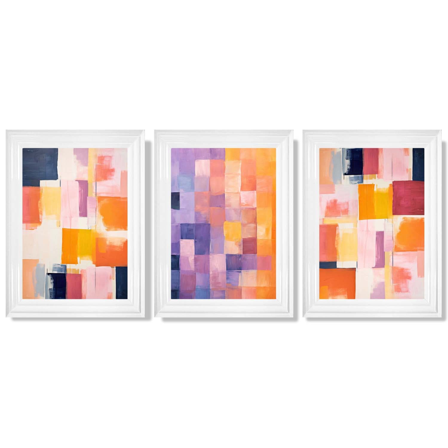 Set of 3 Purple and Pink Abstract Framed Art Prints with Glossy White Frames