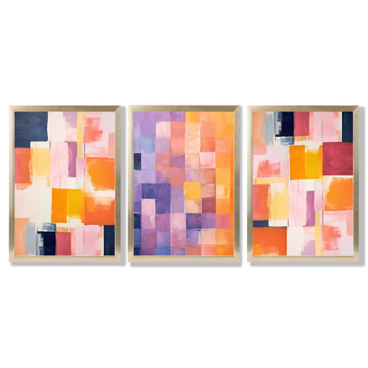 Set of 3 Purple and Pink Abstract Framed Art Prints with Gold Wood Frames