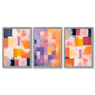 Set of 3 Purple and Pink Abstract Framed Art Prints with Light Grey Wooden Frames