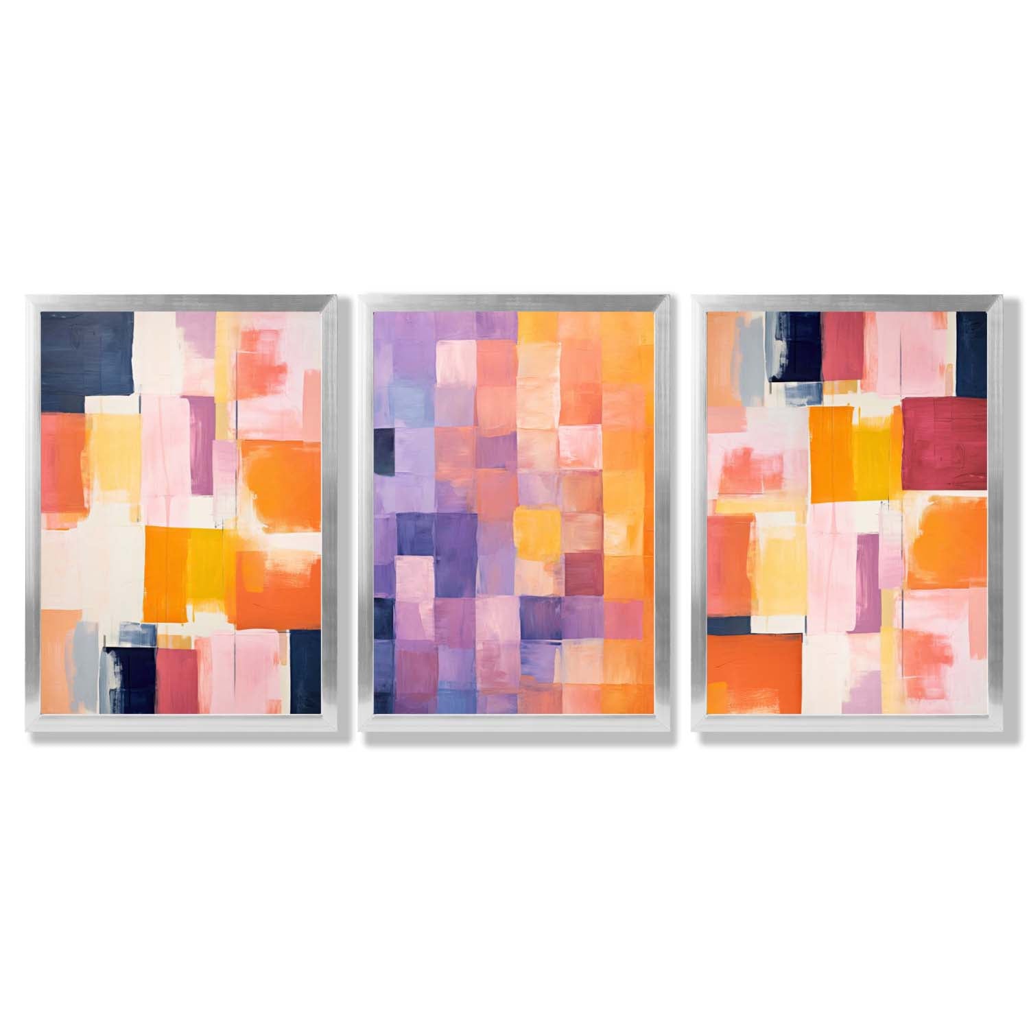 Set of 3 Purple and Pink Abstract Framed Art Prints with Silver Wood Frames