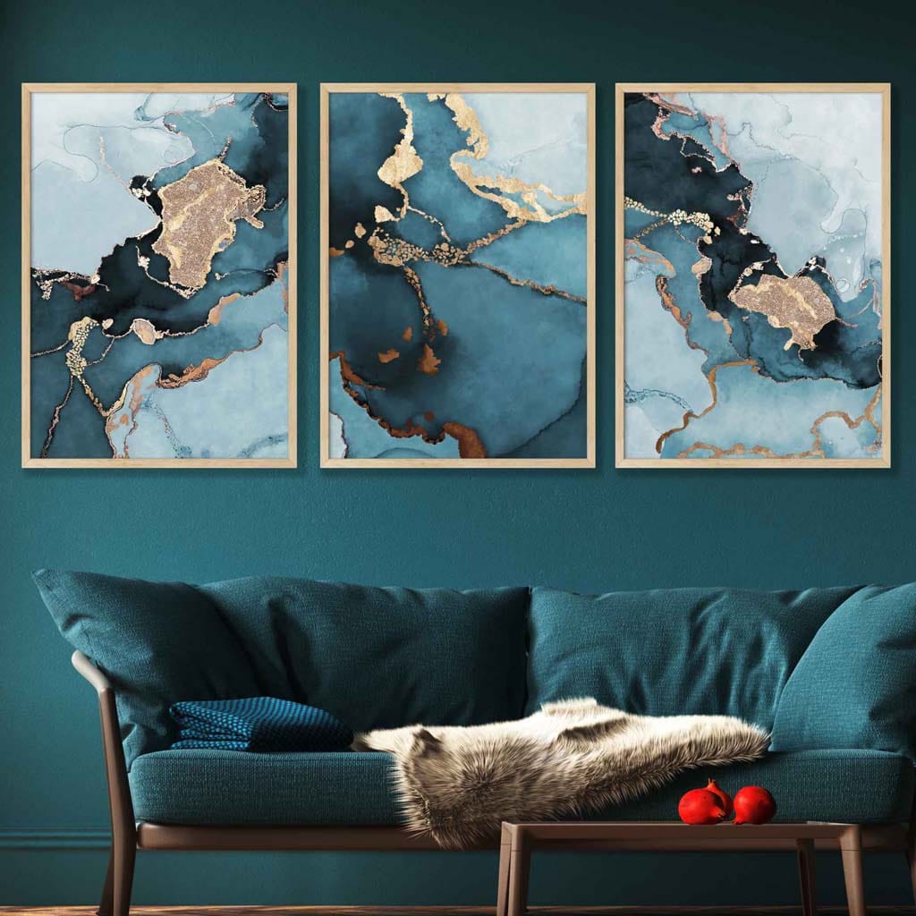 Set of 3 Abstract Wall Art Prints of Paintings Teal Blue and Gold