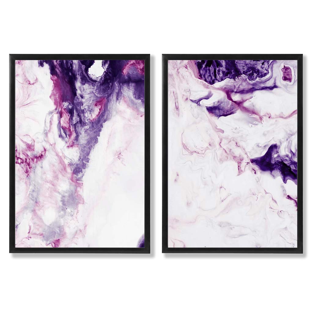 Purple Pink Abstract Fluid Set of 2 Art Prints with Black Frame
