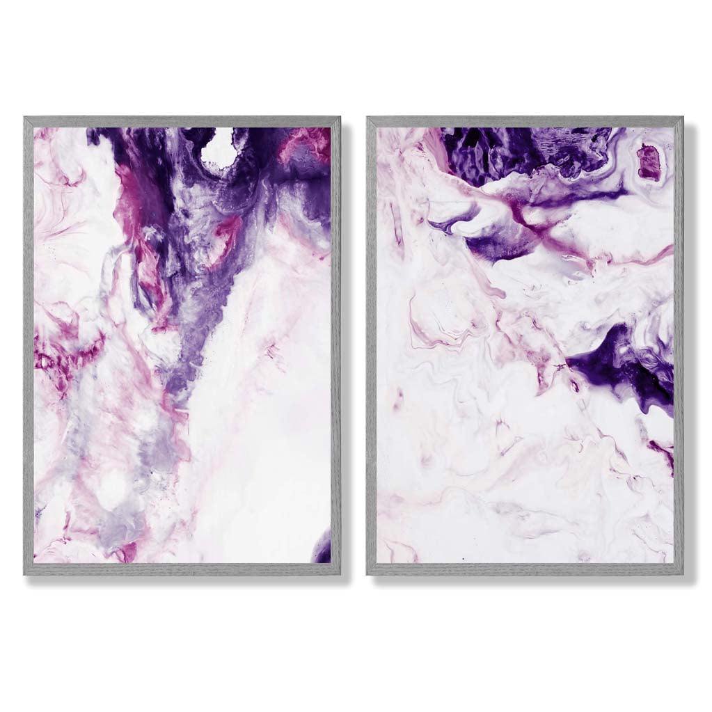 Purple Pink Abstract Fluid Set of 2 Art Prints with Light Grey Frame