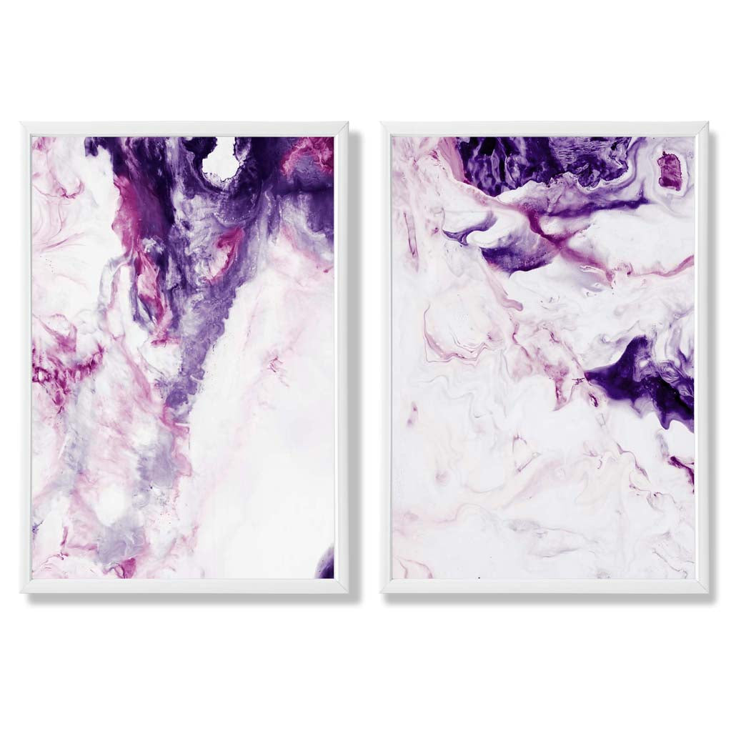Purple Pink Abstract Fluid Set of 2 Art Prints with White Frame