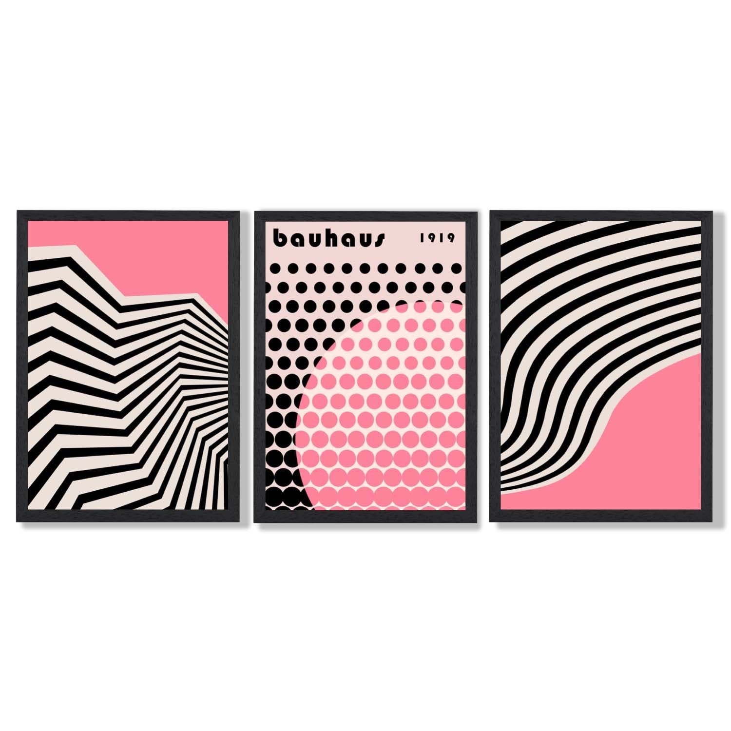 Set of 3 Bauhaus Pink Modern Framed Art Prints with Black Wooden Frames