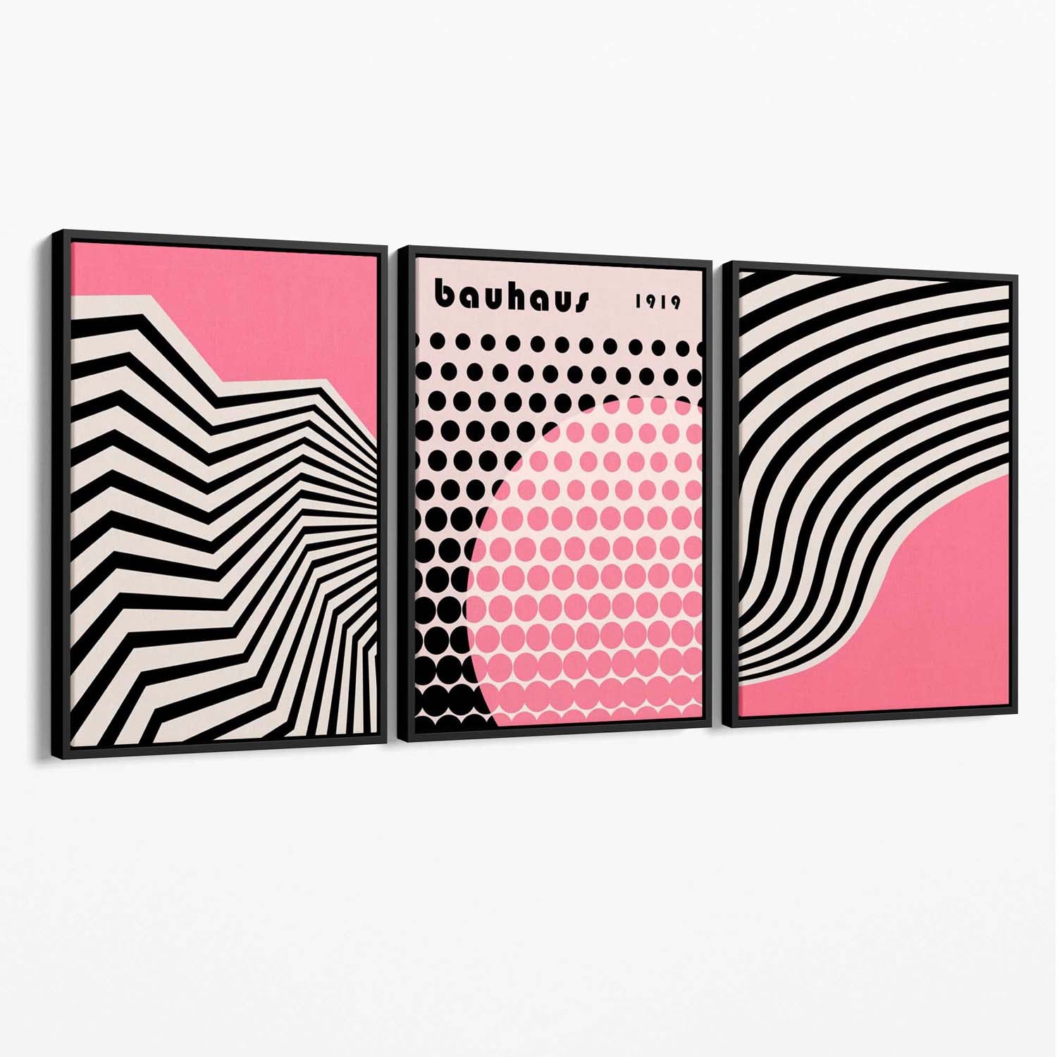 Set of 3 Bauhaus Pink Modern Canvas Art Prints with Black Float Frame