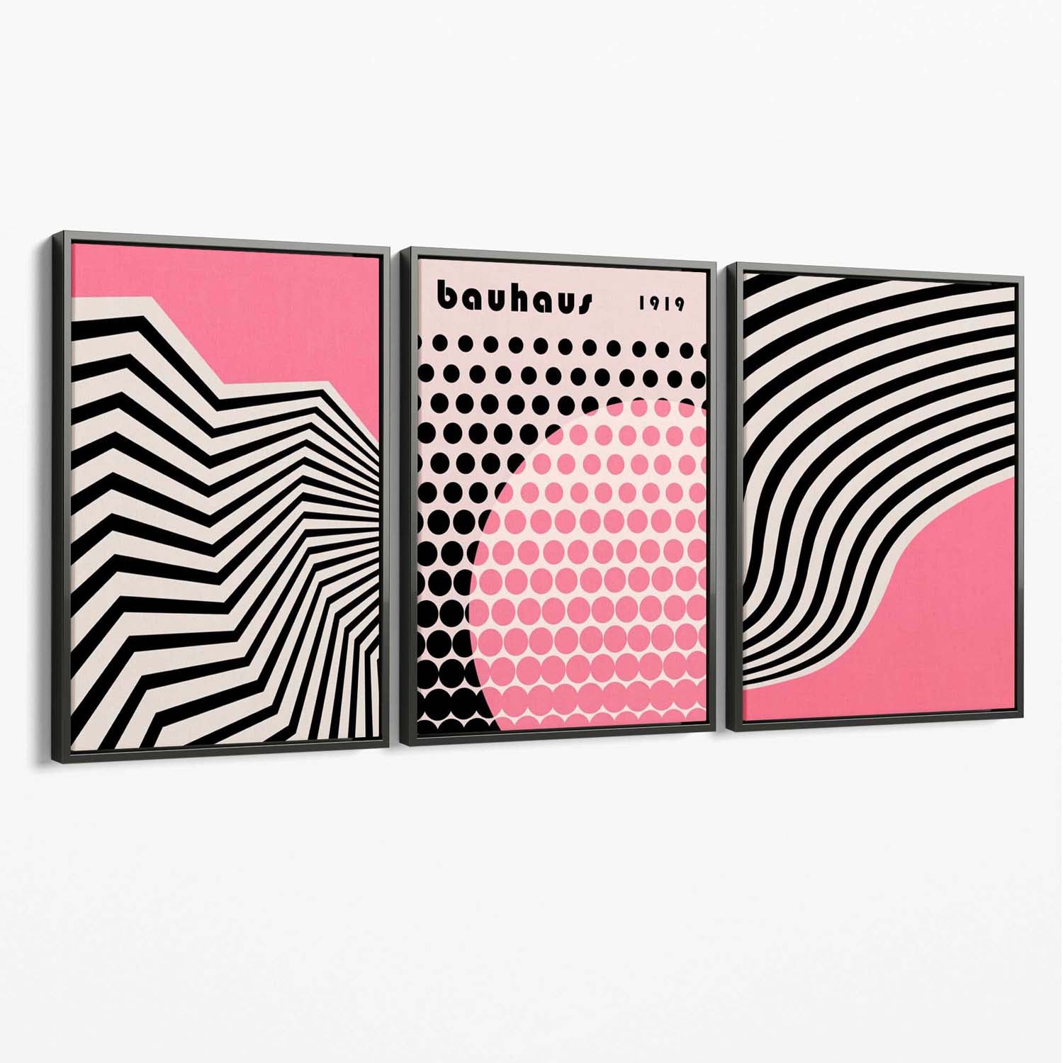 Set of 3 Bauhaus Pink Modern Canvas Art Prints with Grey Float Frame