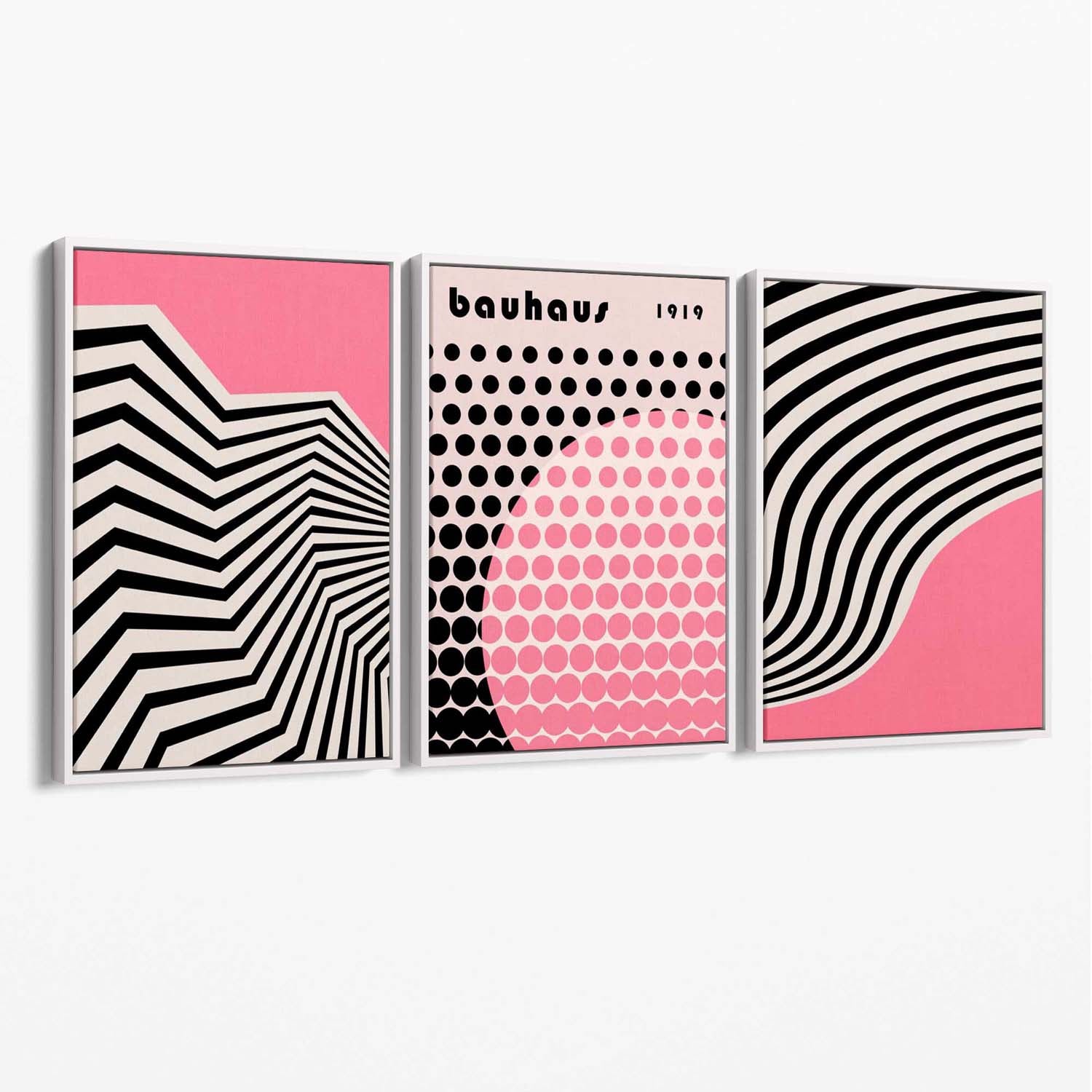 Set of 3 Bauhaus Pink Modern Canvas Art Prints with White Float Frame