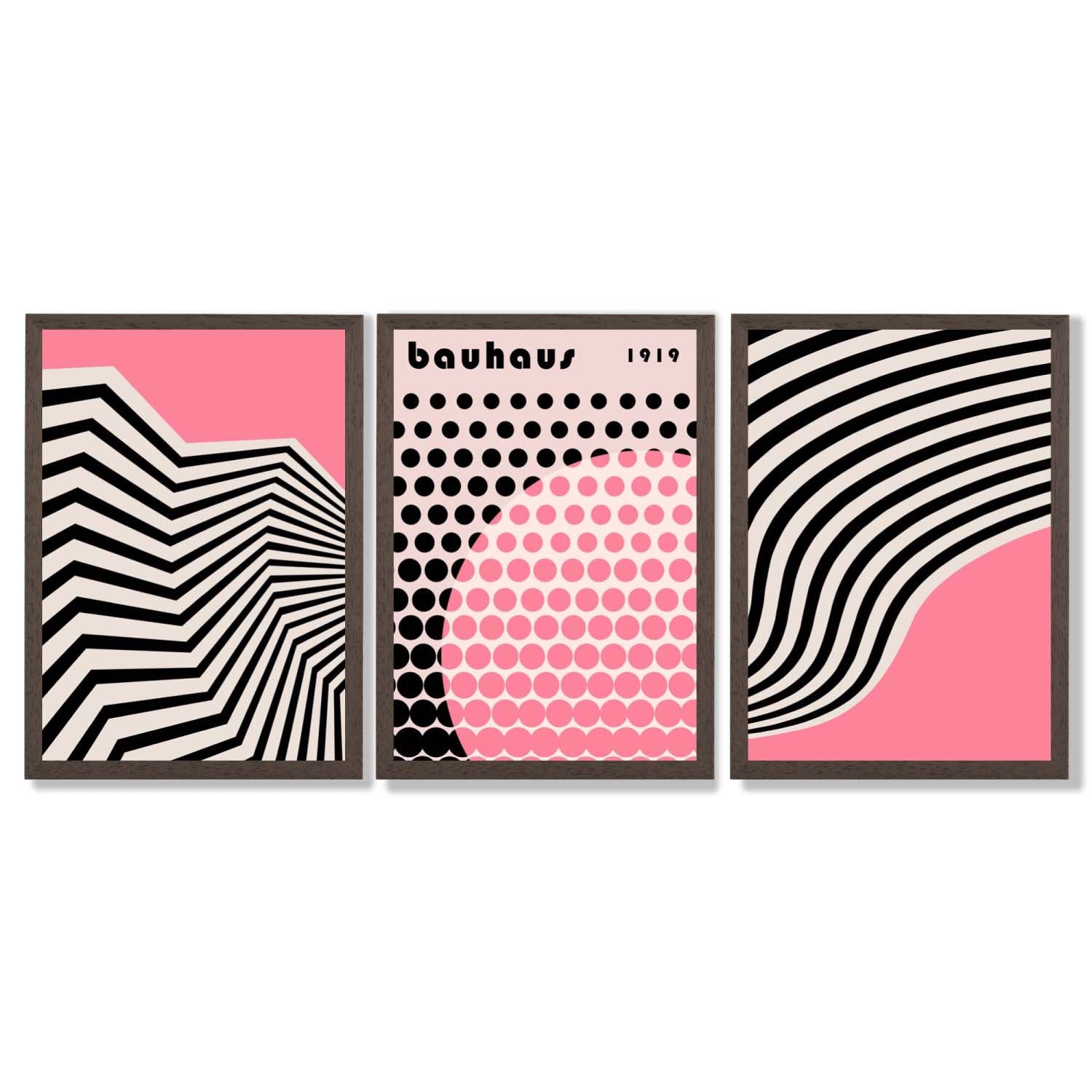 Set of 3 Bauhaus Pink Modern Framed Art Prints with Dark Wood Frames