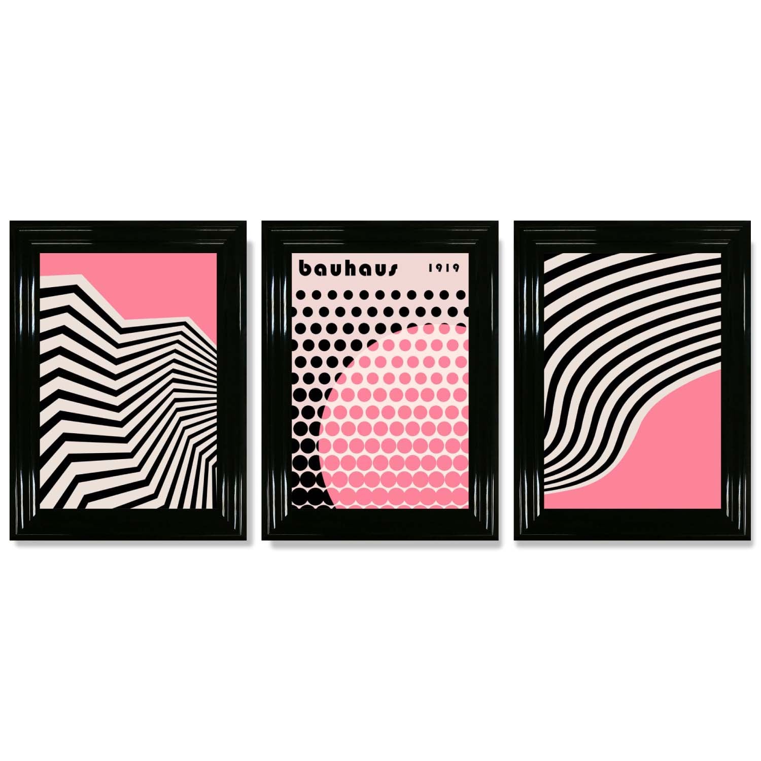 Set of 3 Bauhaus Pink Modern Framed Art Prints with Glossy Black Frames