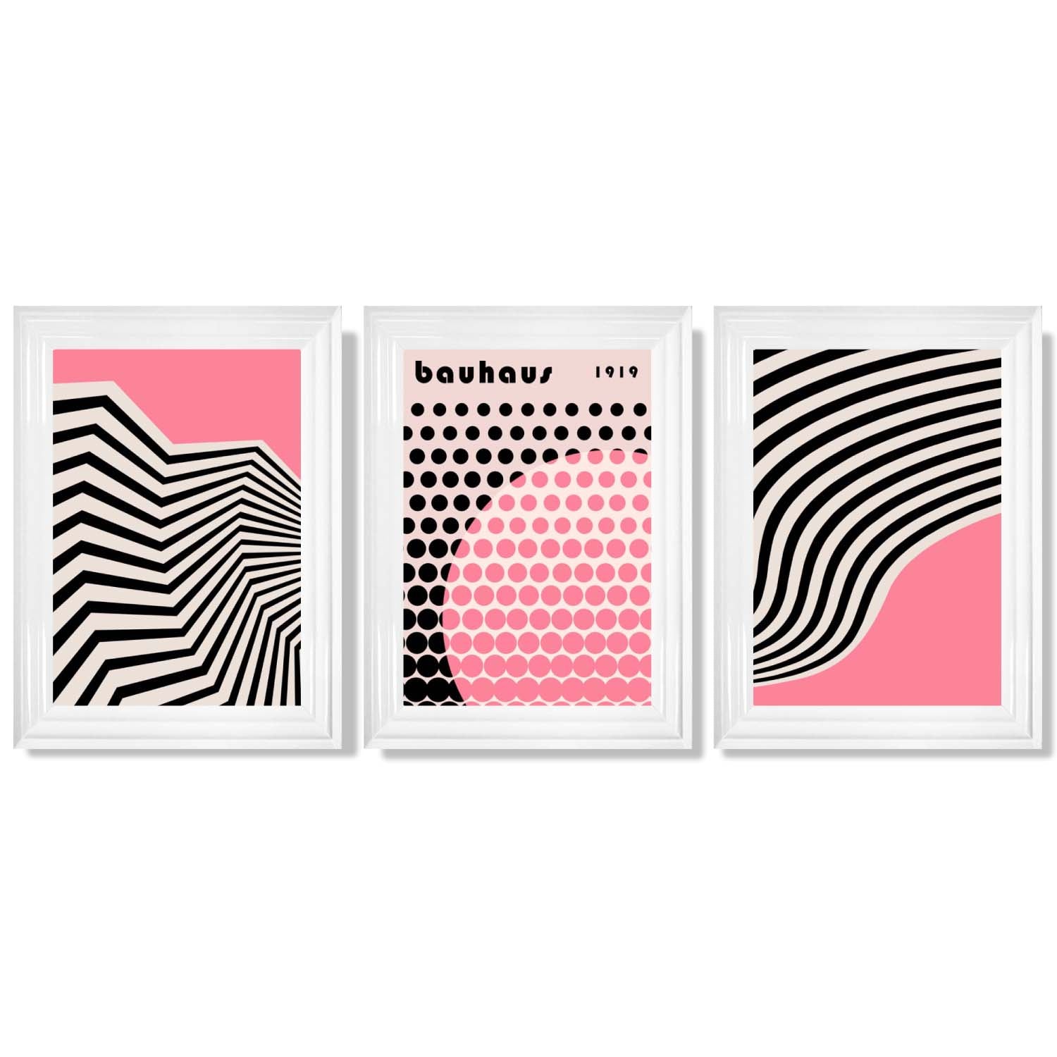 Set of 3 Bauhaus Pink Modern Framed Art Prints with Glossy White Frames