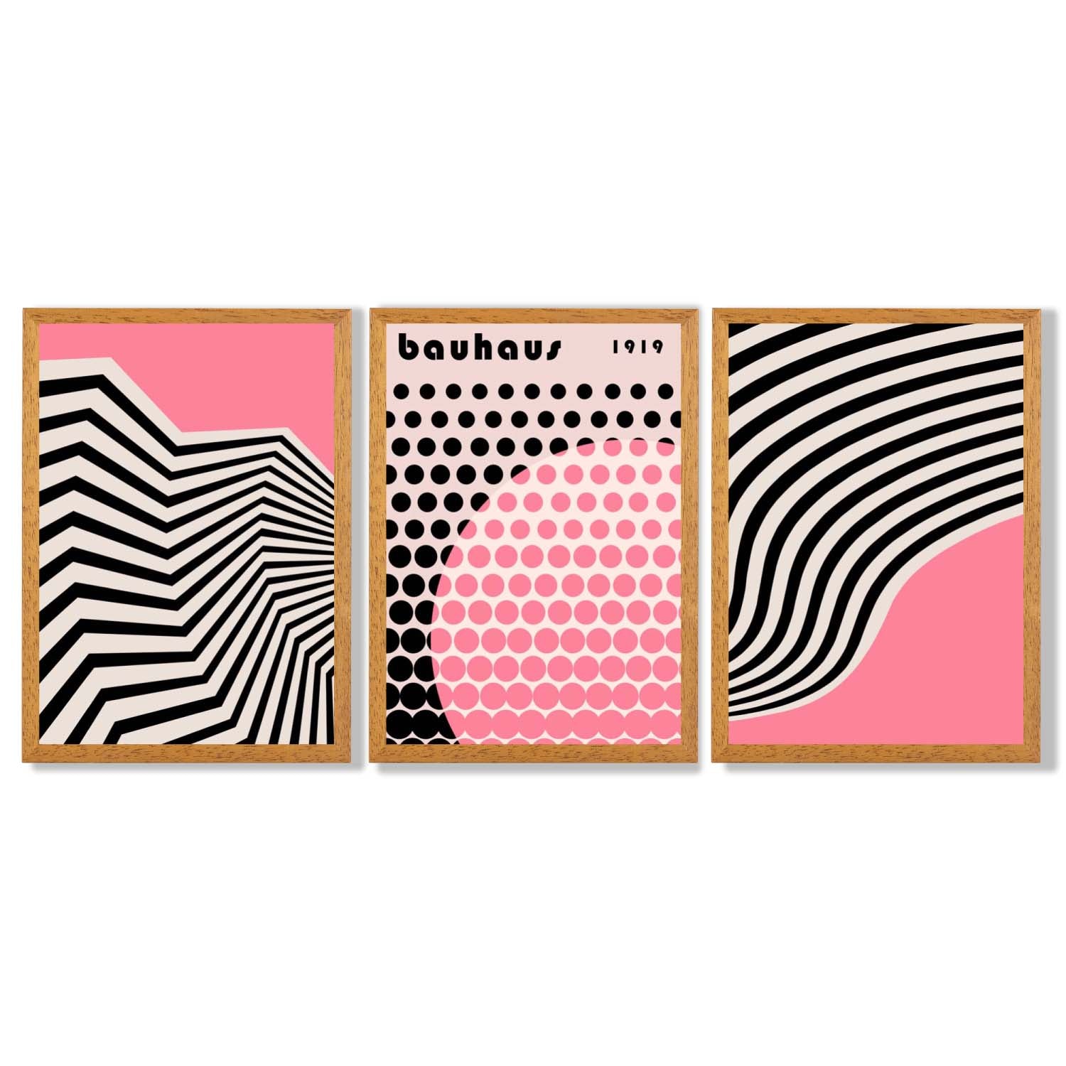 Set of 3 Bauhaus Pink Modern Framed Art Prints with Oak Wooden Frames