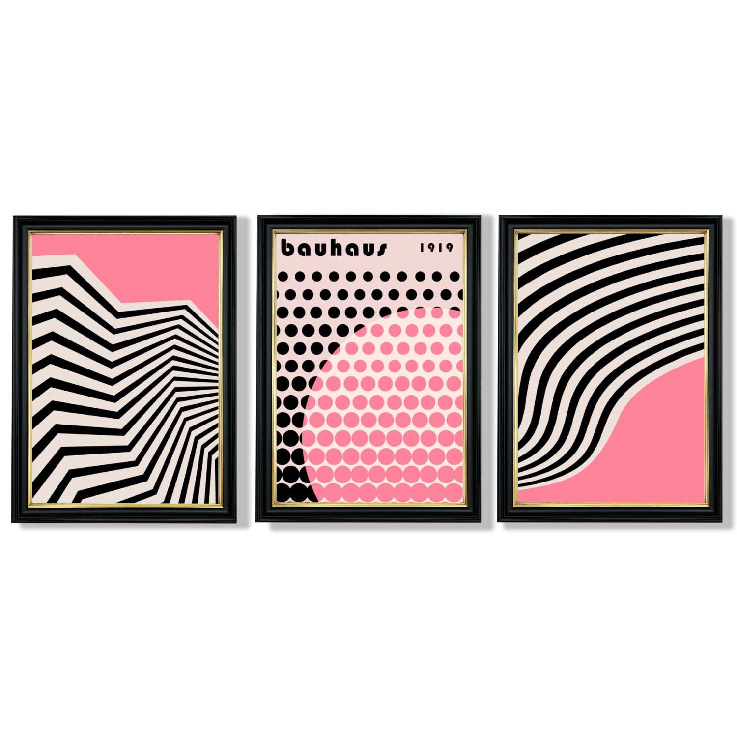 Set of 3 Bauhaus Pink Modern Framed Art Prints with Vermeer Black and Gold Frames