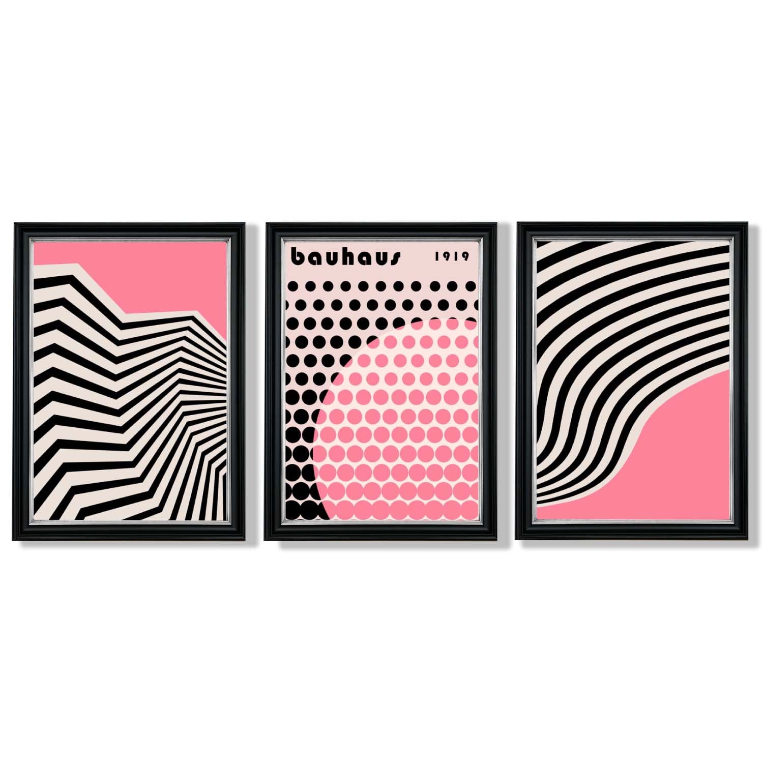 Set of 3 Bauhaus Pink Modern Framed Art Prints with Vermeer Black and Silver Frames