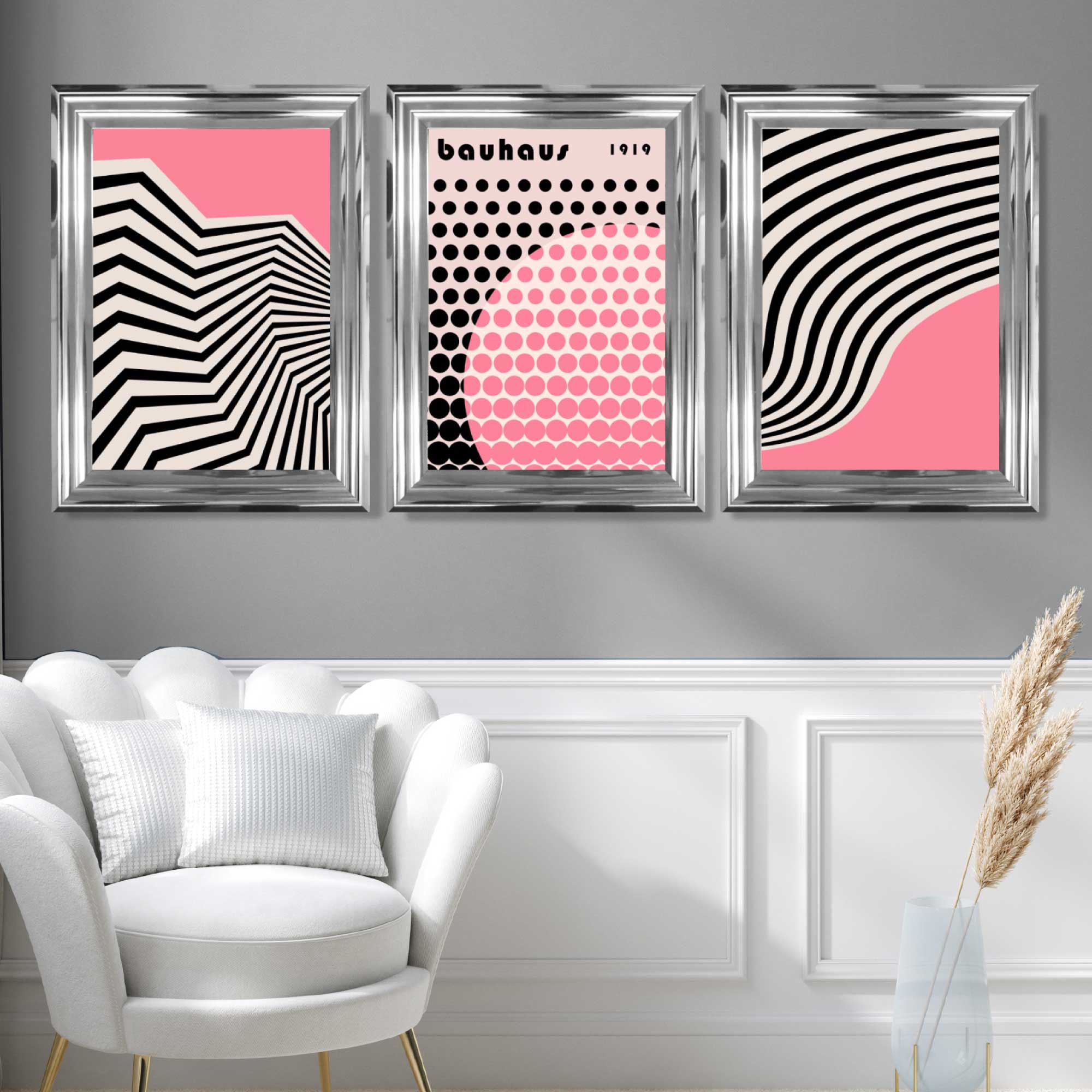 Set of 3 Bauhaus Pink Modern Art Prints in Luxury Frames | Artze UK