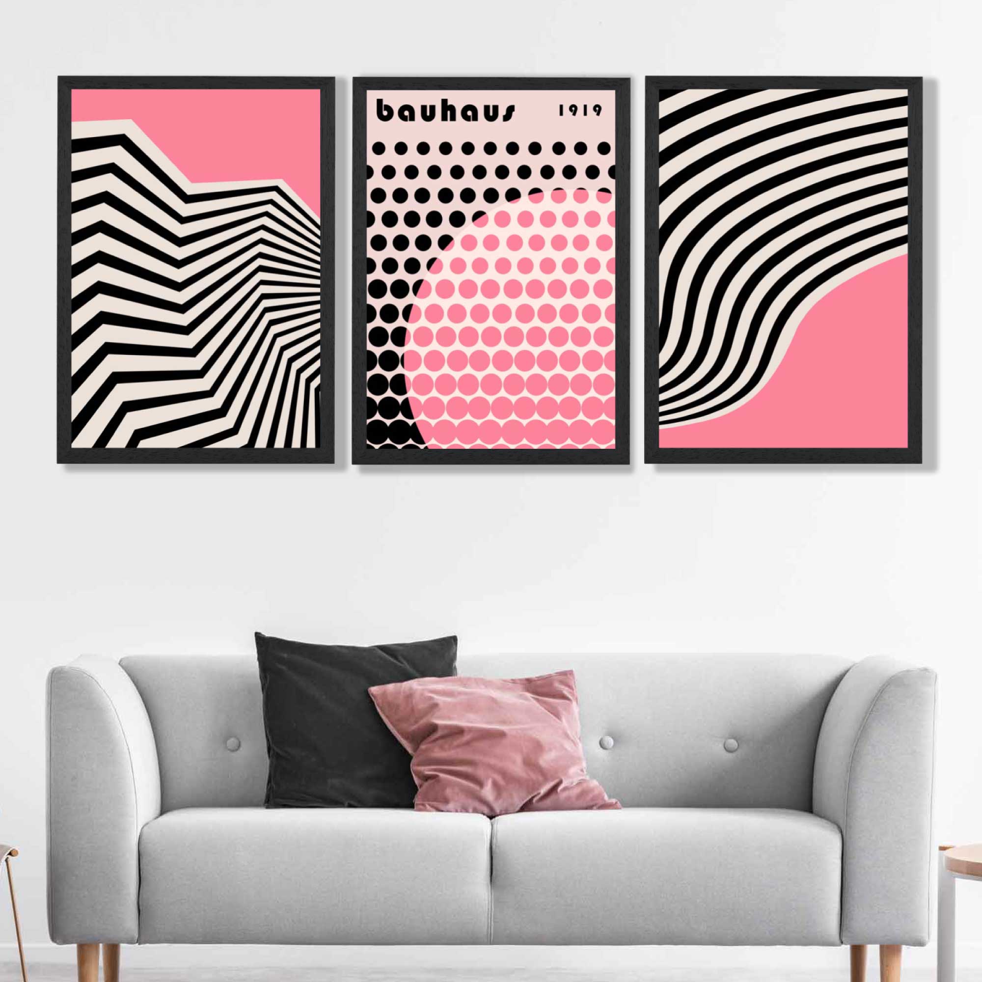 Set of 3 Bauhaus Pink Modern Art Prints in Black Frames | Artze UK