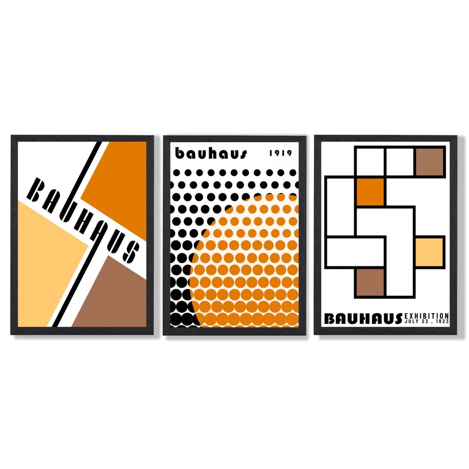 Set of 3 Bauhaus Orange Modern Framed Art Prints with Black Wooden Frames