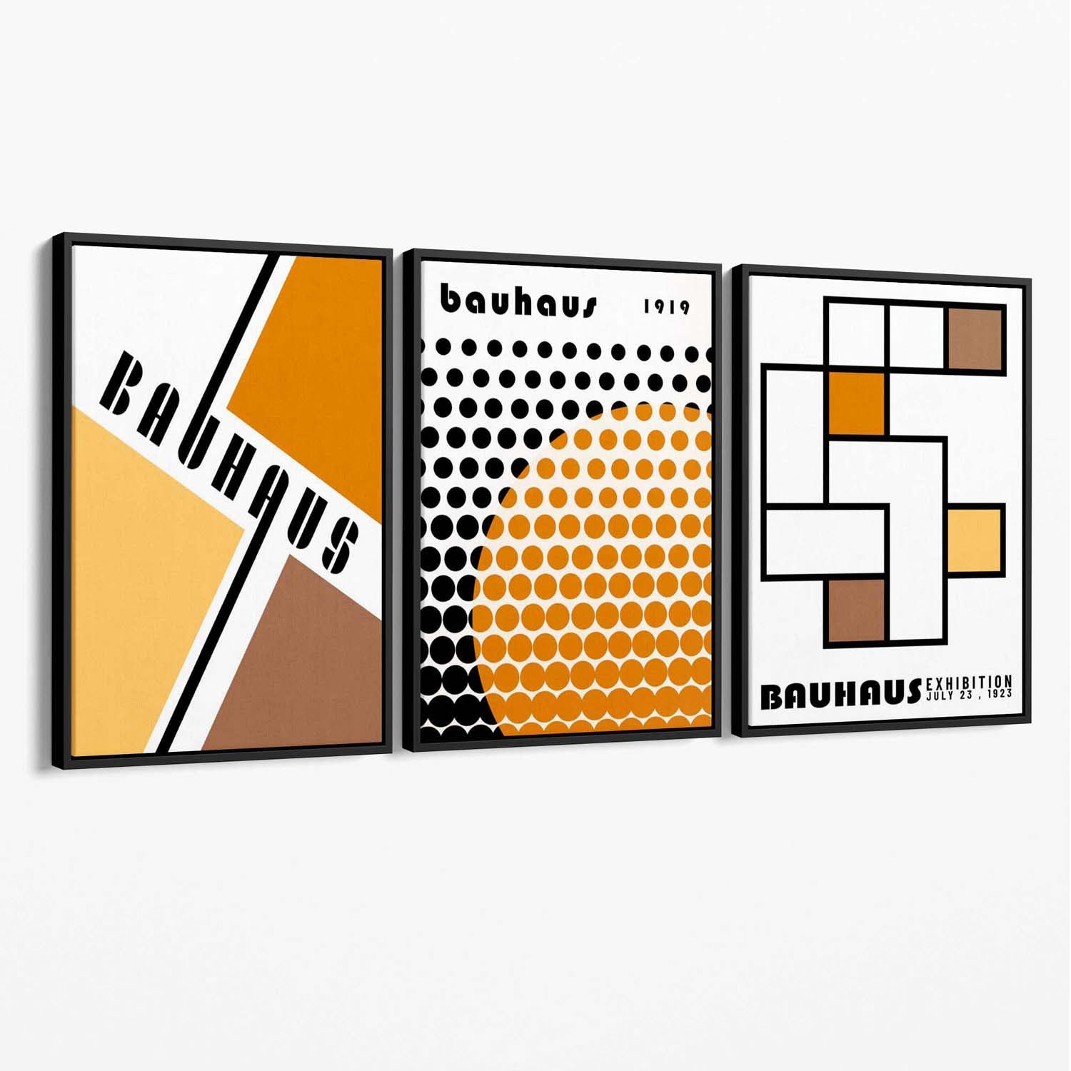 Set of 3 Bauhaus Orange Modern Canvas Art Prints with Black Float Frame