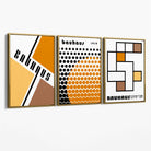 Set of 3 Bauhaus Orange Modern Canvas Art Prints with Gold Float Frame