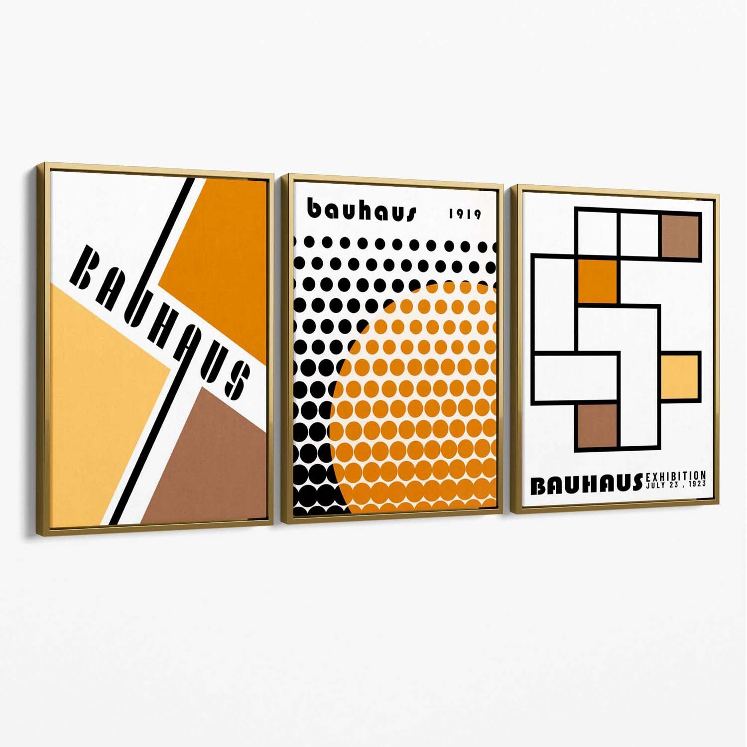 Set of 3 Bauhaus Orange Modern Canvas Art Prints with Gold Float Frame