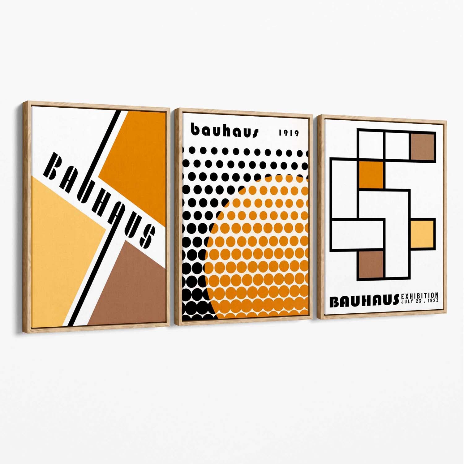 Set of 3 Bauhaus Orange Modern Canvas Art Prints with Oak Float Frame