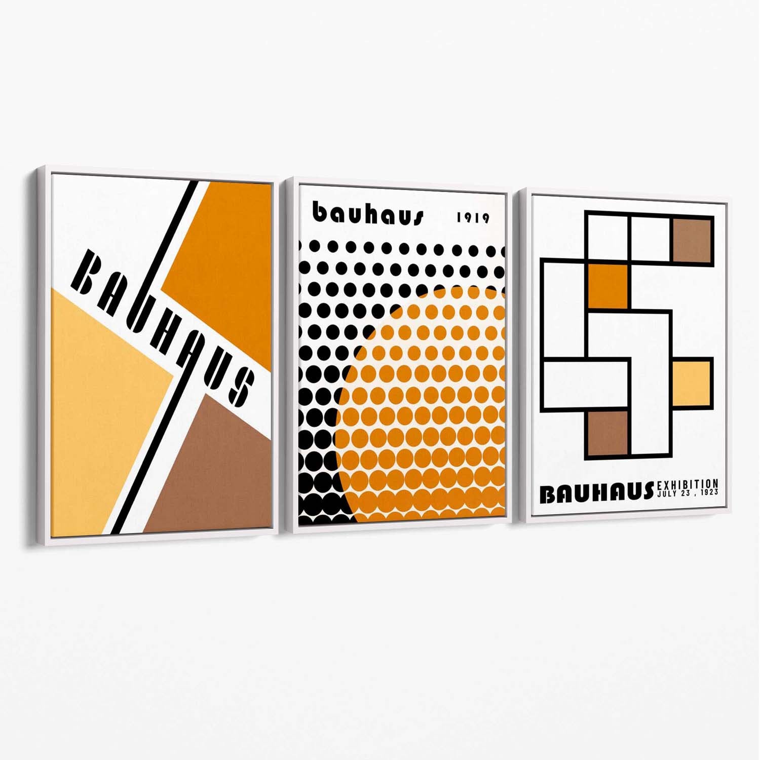 Set of 3 Bauhaus Orange Modern Canvas Art Prints with White Float Frame