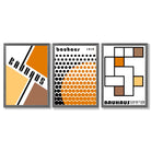 Set of 3 Bauhaus Orange Modern Framed Art Prints with Dark Grey Wooden Frames