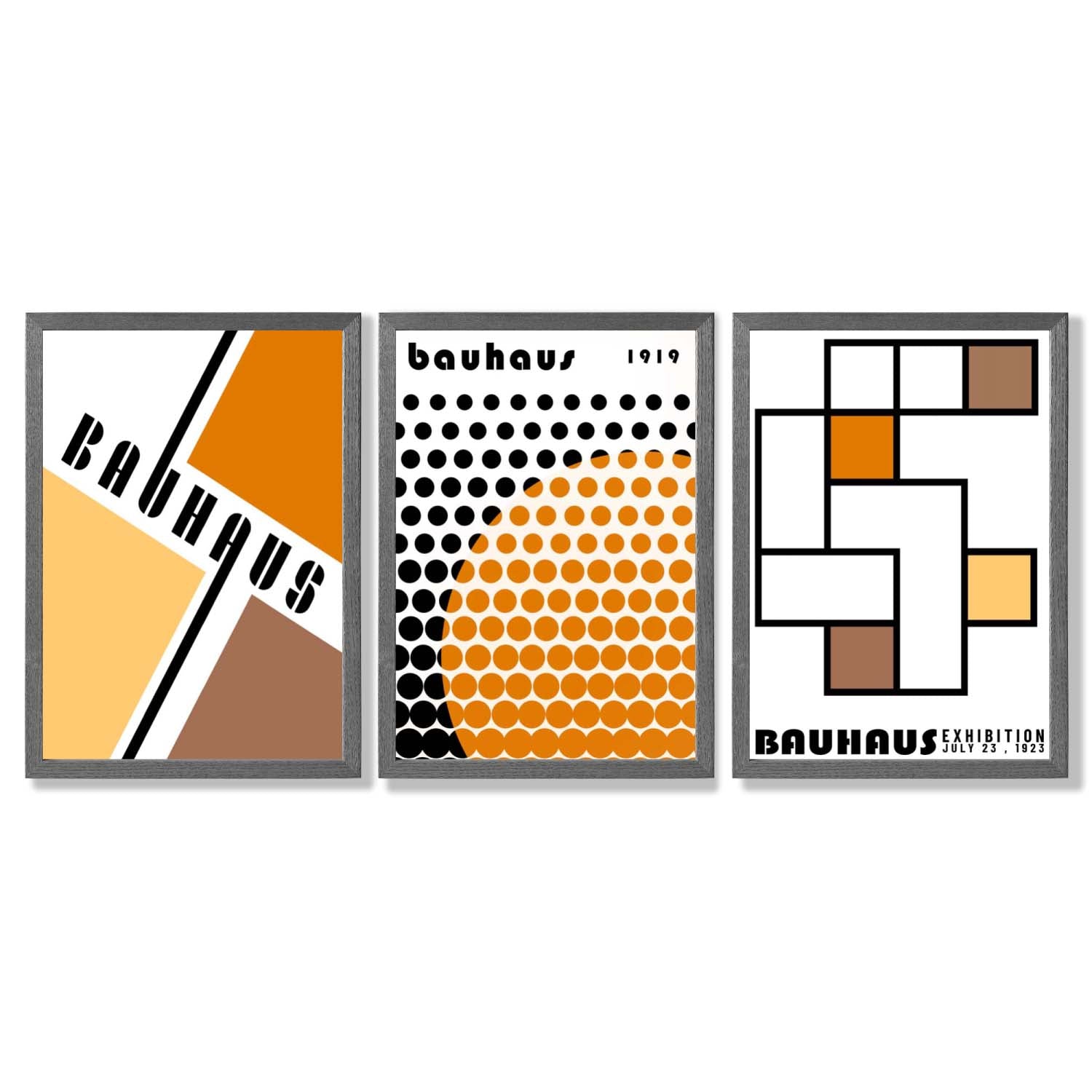 Set of 3 Bauhaus Orange Modern Framed Art Prints with Dark Grey Wooden Frames