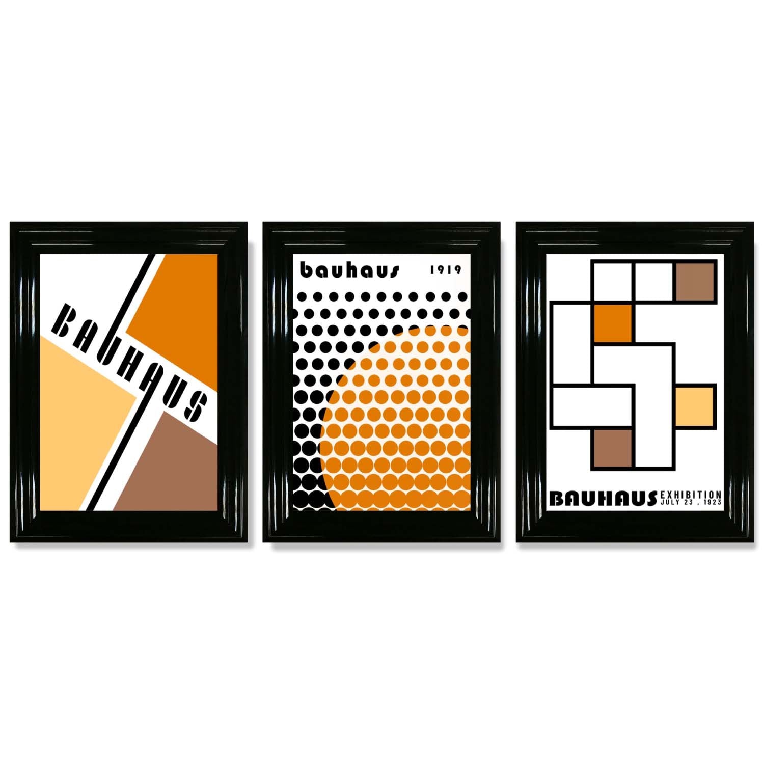 Set of 3 Bauhaus Orange Modern Framed Art Prints with Glossy Black Frames