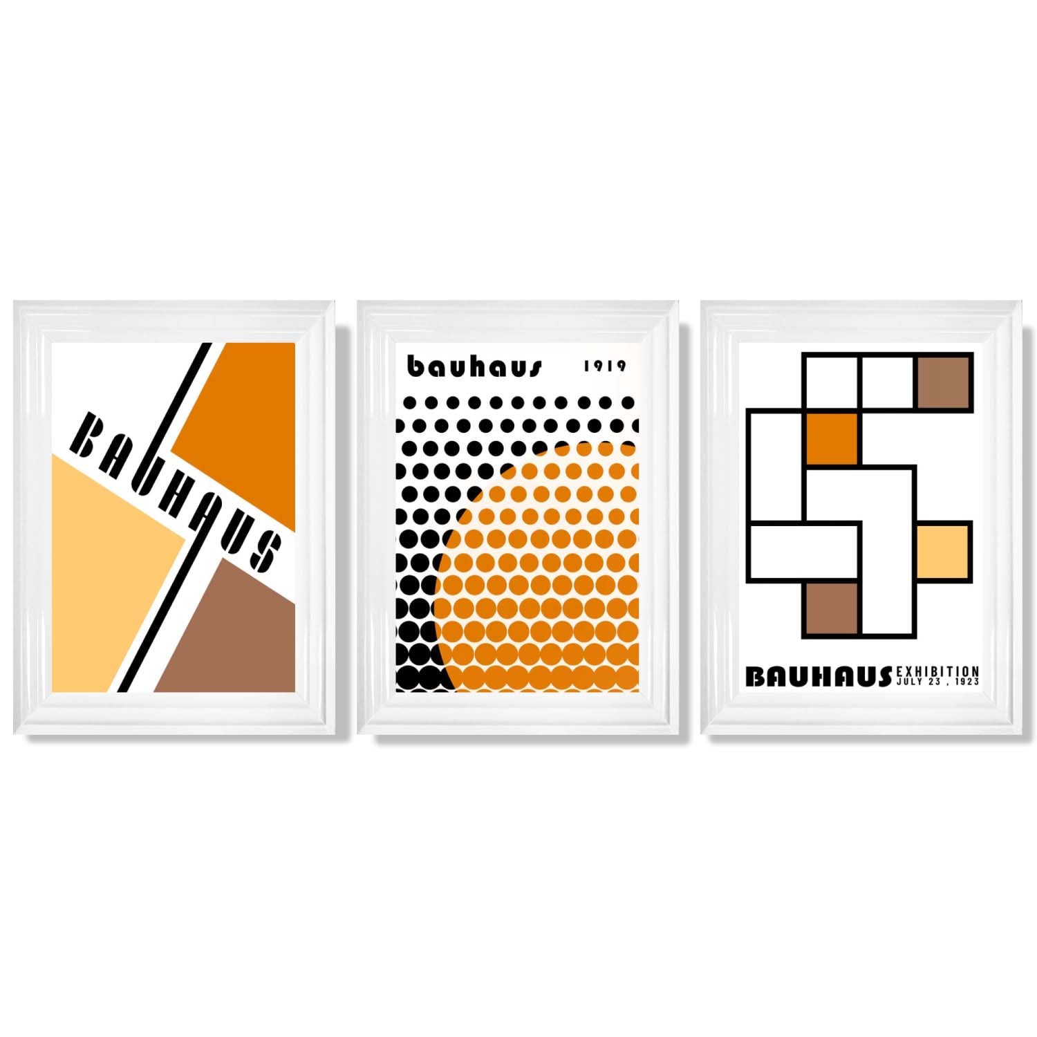 Set of 3 Bauhaus Orange Modern Framed Art Prints with Glossy White Frames