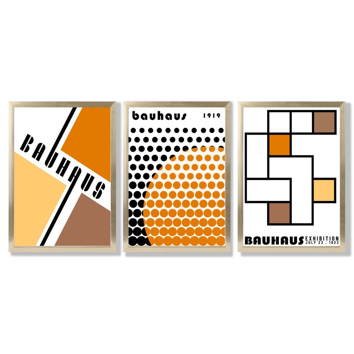 Set of 3 Bauhaus Orange Modern Framed Art Prints with Gold Wood Frames