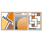 Set of 3 Bauhaus Orange Modern Framed Art Prints with Light Oak Frames