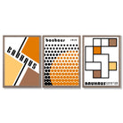 Set of 3 Bauhaus Orange Modern Framed Art Prints with Light Walnut Frames