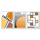 Set of 3 Bauhaus Orange Modern Framed Art Prints with White Wooden Frames