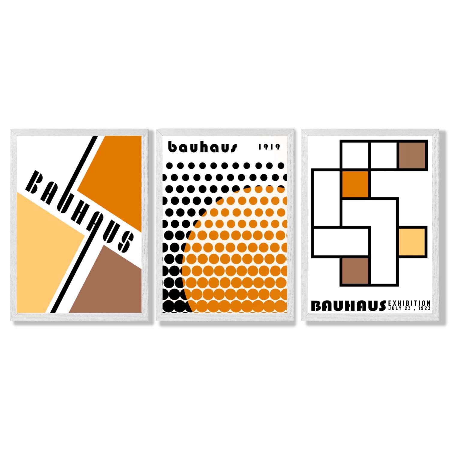 Set of 3 Bauhaus Orange Modern Framed Art Prints with White Wooden Frames