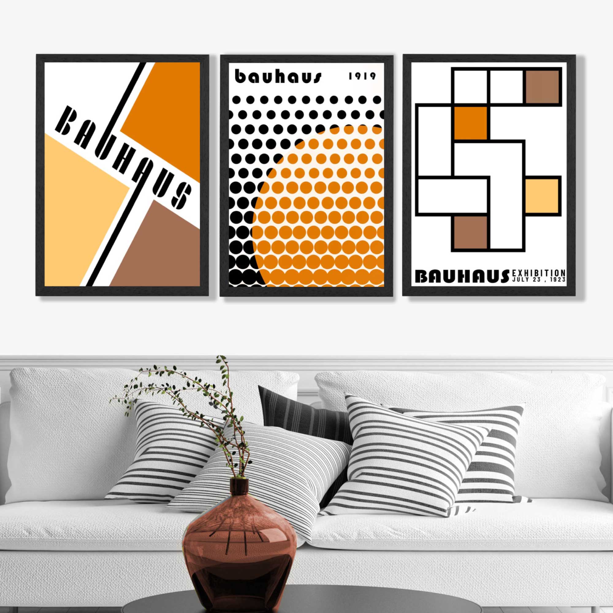 Set of 3 Bauhaus Orange Modern Art Prints in Black Frames | Artze UK