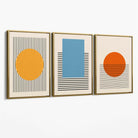 Set of 3 Geometric Yellow Blue Red Canvas Art Prints with Gold Float Frame