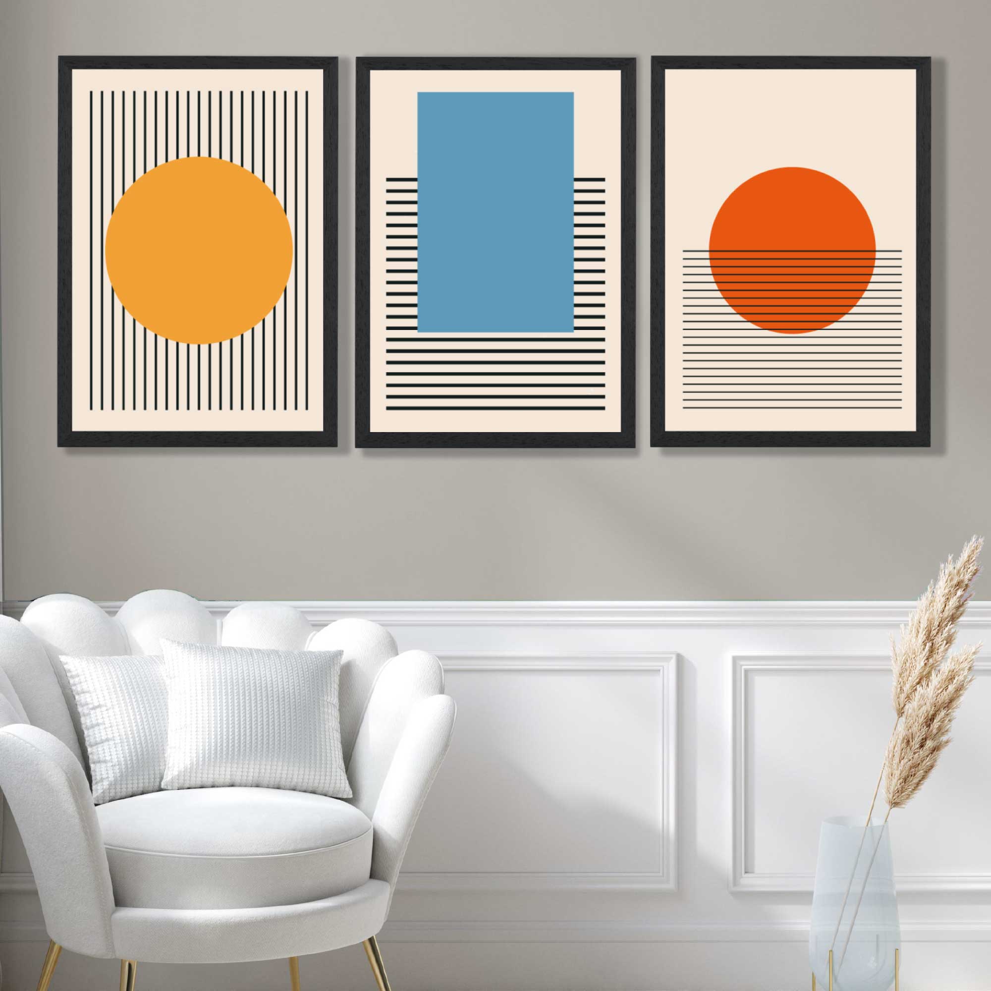 Set of 3 Geometric Yellow Blue Red Art Prints in Black Frames | Artze UK