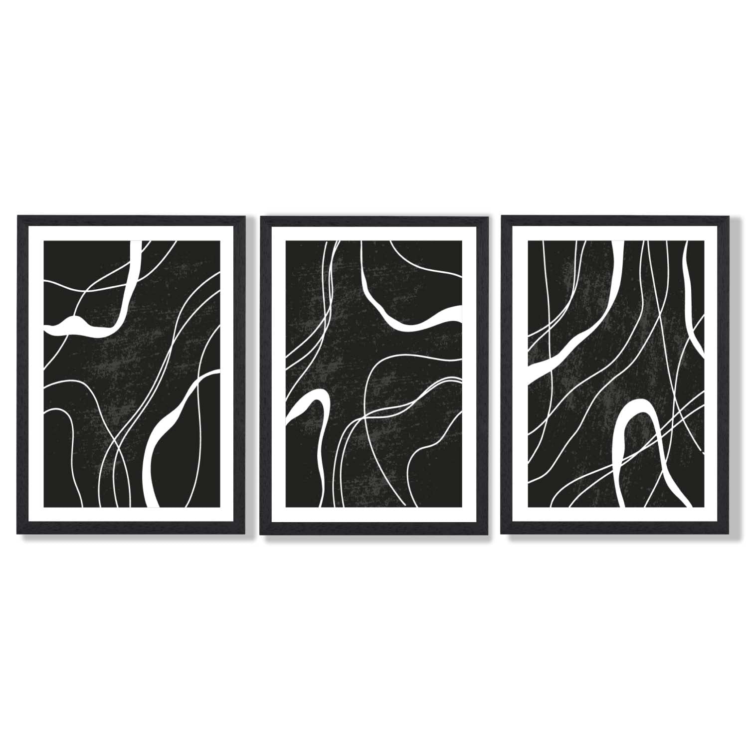 Set of 3 Abstract Black and White Framed Art Prints with Black Wooden Frames