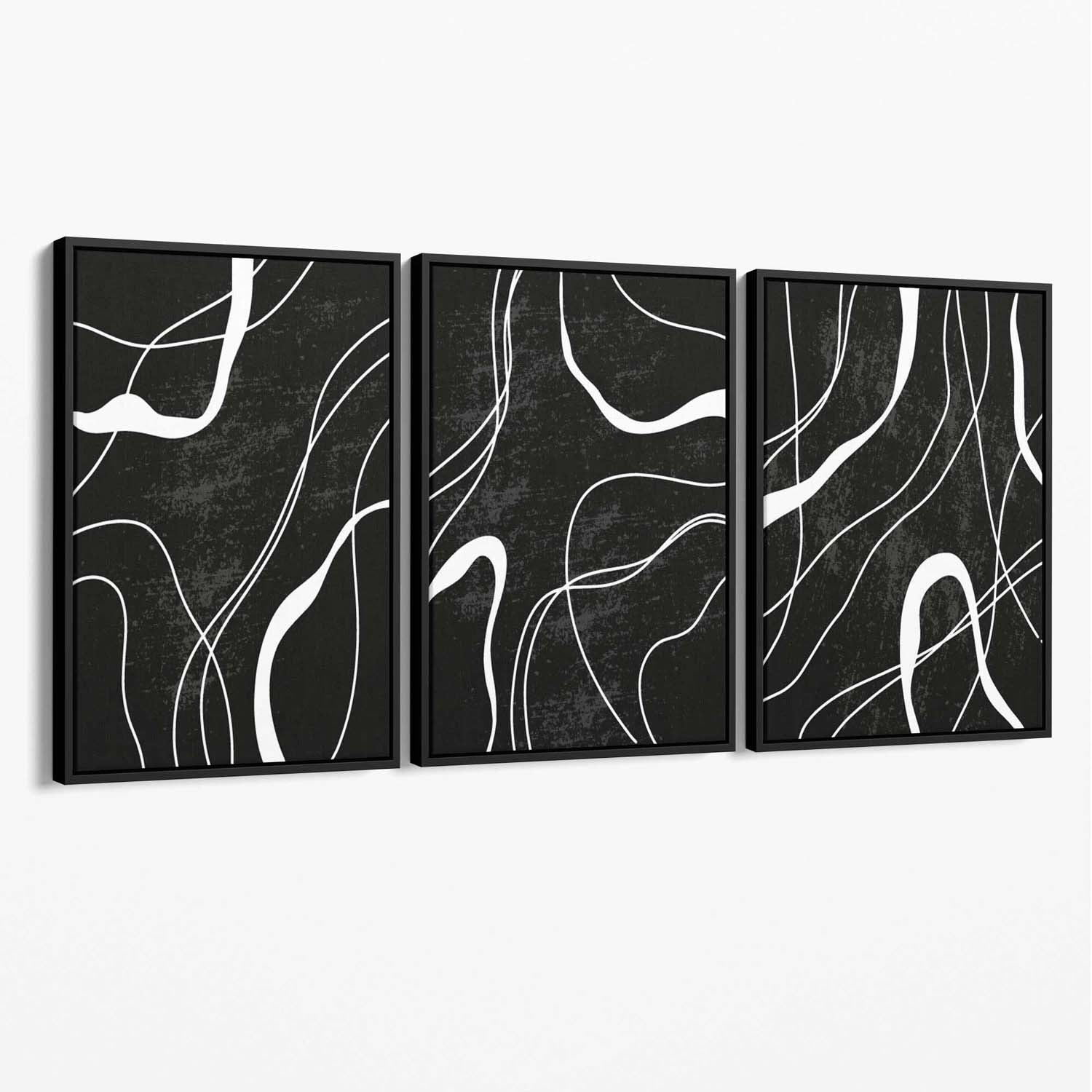 Set of 3 Abstract Black and White Canvas Art Prints with Black Float Frame