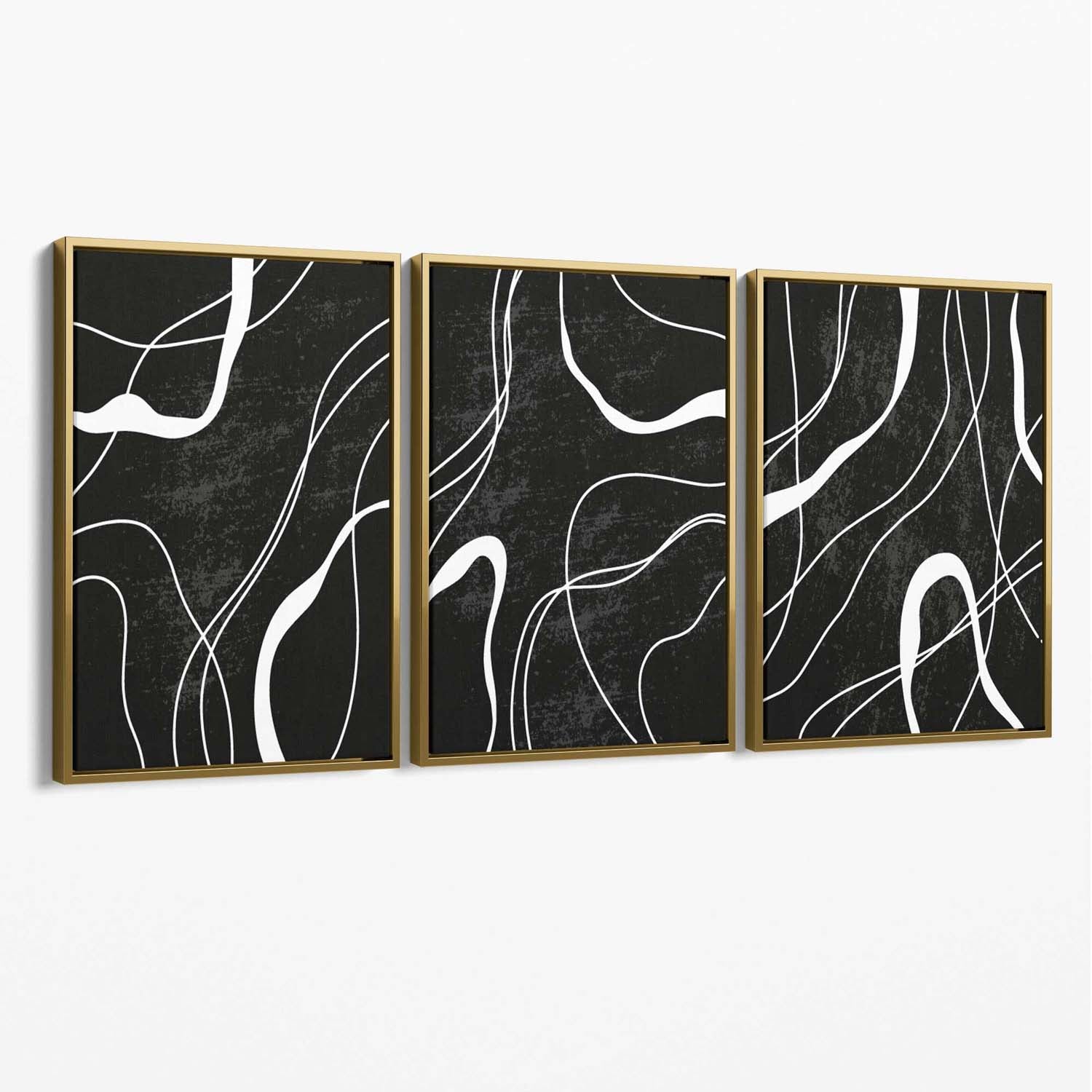 Set of 3 Abstract Black and White Canvas Art Prints with Gold Float Frame