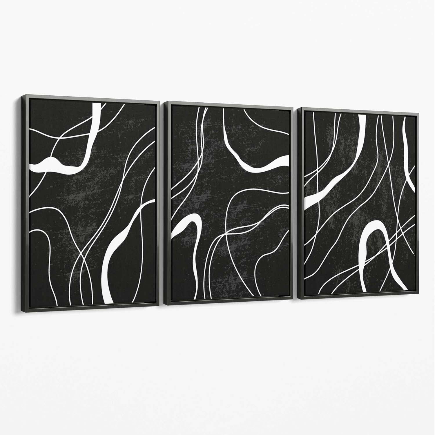 Set of 3 Abstract Black and White Canvas Art Prints with Grey Float Frame