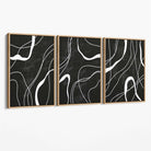 Set of 3 Abstract Black and White Canvas Art Prints with Oak Float Frame