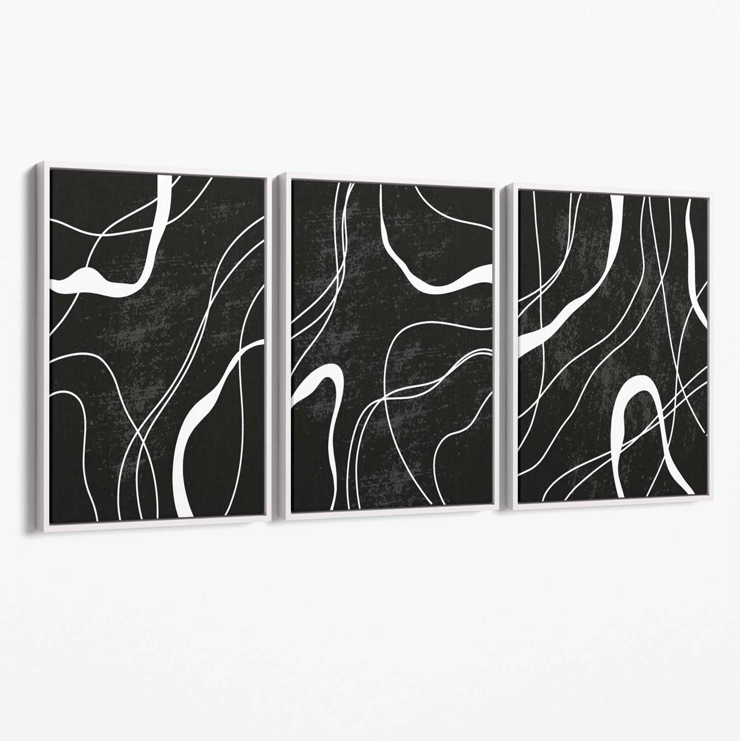 Set of 3 Abstract Black and White Canvas Art Prints with White Float Frame