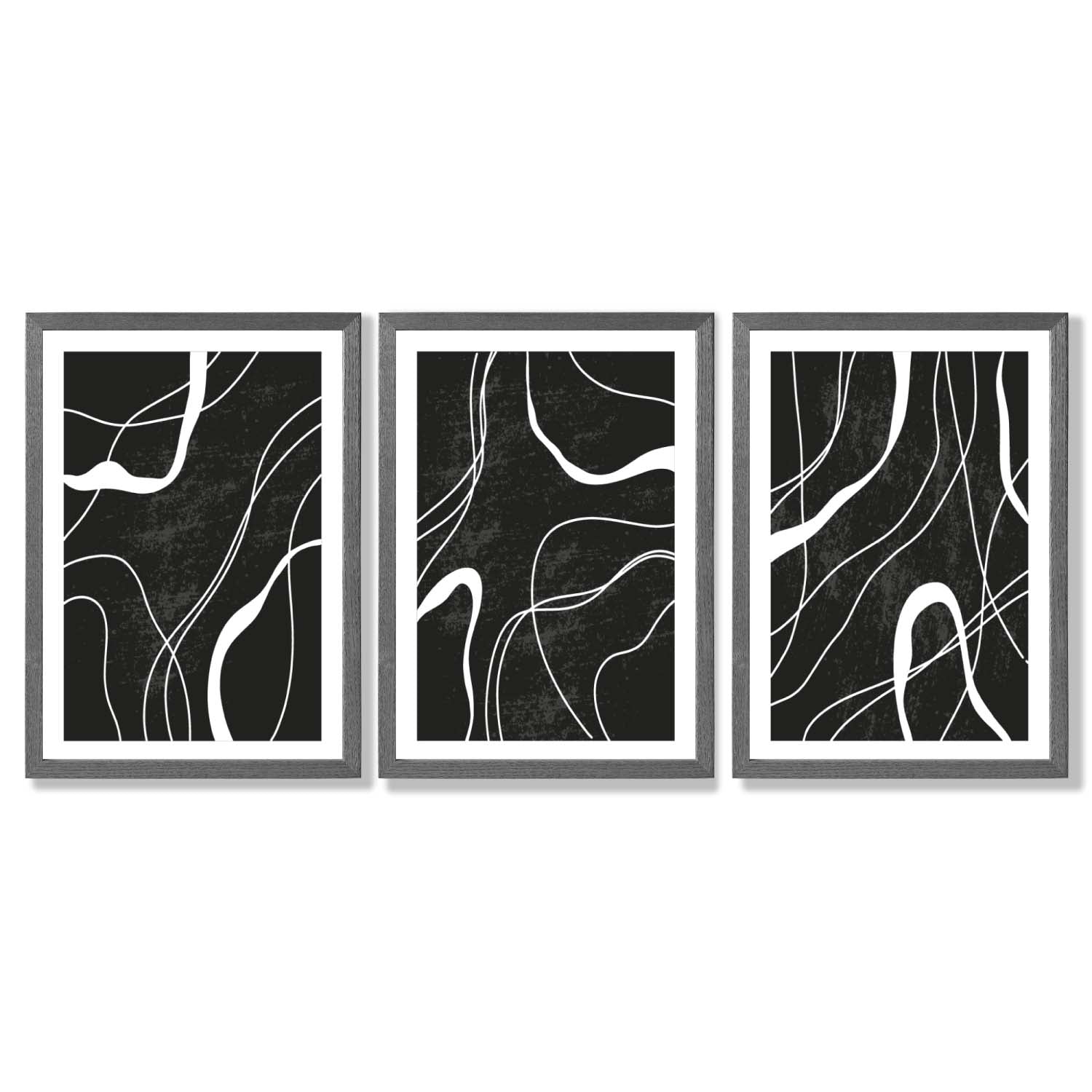 Set of 3 Abstract Black and White Framed Art Prints with Dark Grey Wooden Frames