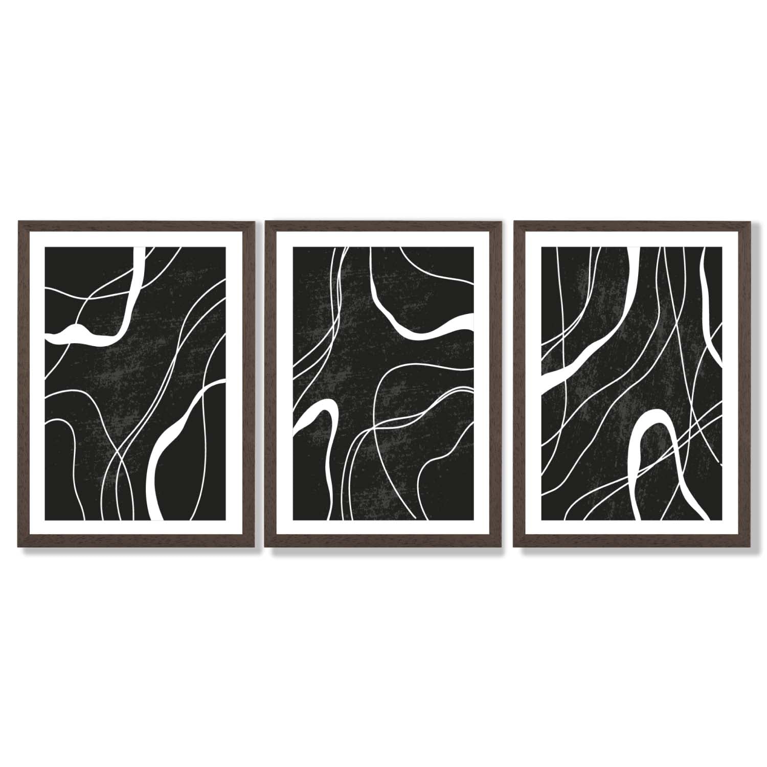 Set of 3 Abstract Black and White Framed Art Prints with Dark Wood Frames