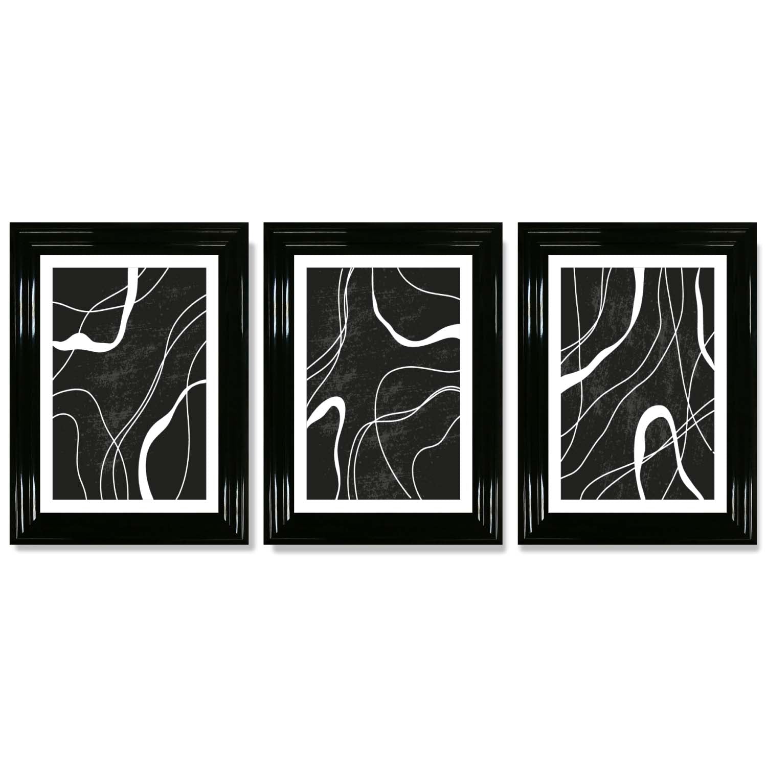 Set of 3 Abstract Black and White Framed Art Prints with Glossy Black Frames