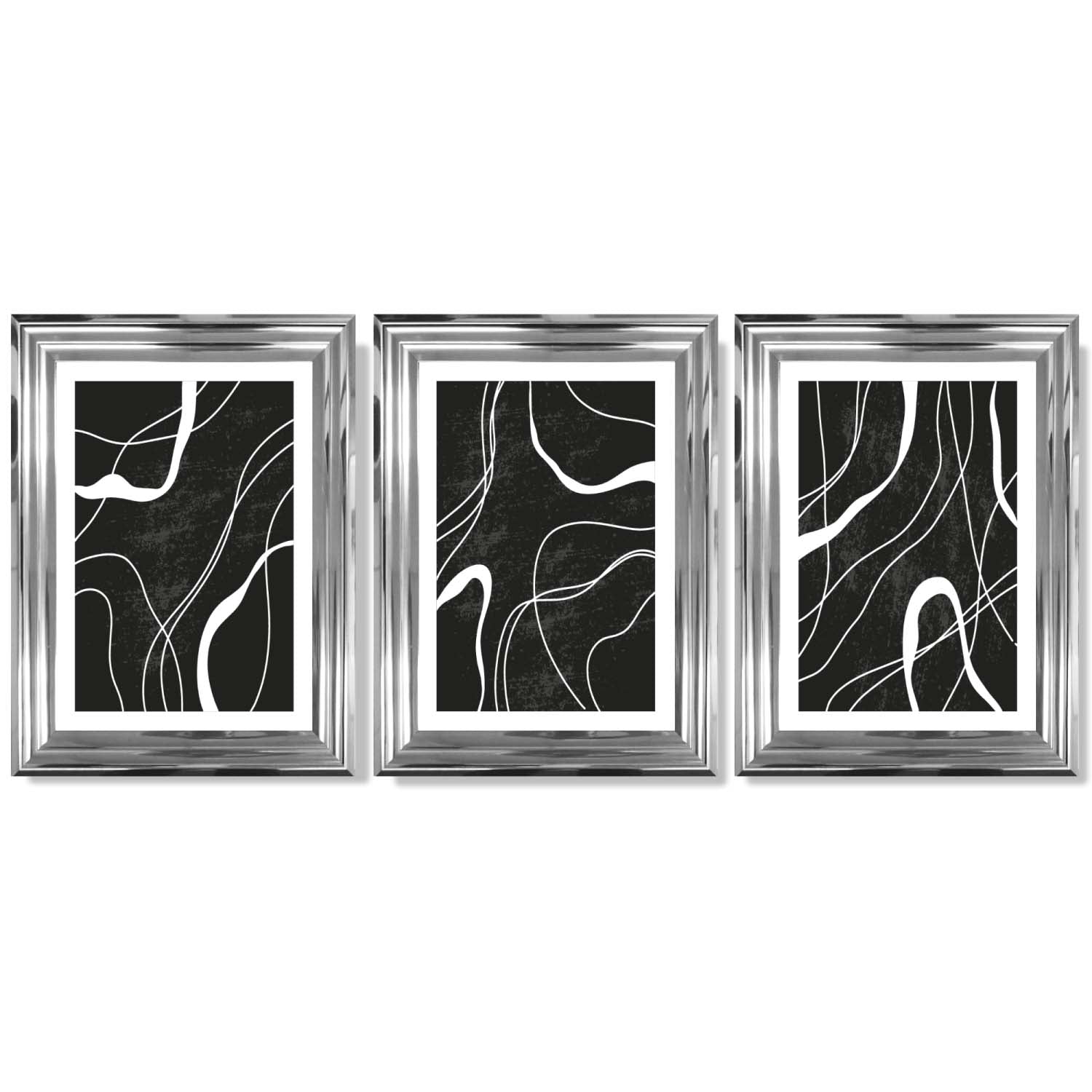 Set of 3 Abstract Black and White Framed Art Prints with Glossy Chrome Frames