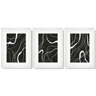 Set of 3 Abstract Black and White Framed Art Prints with Glossy White Frames